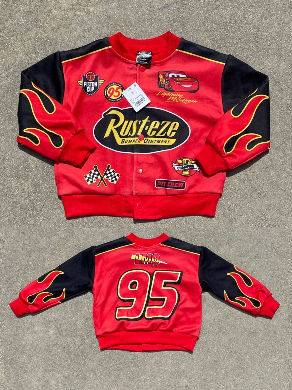 NWT Lightening McQueen Disney Pixar Rust-Eze Pit Crew Flames Graphic Red Jacket